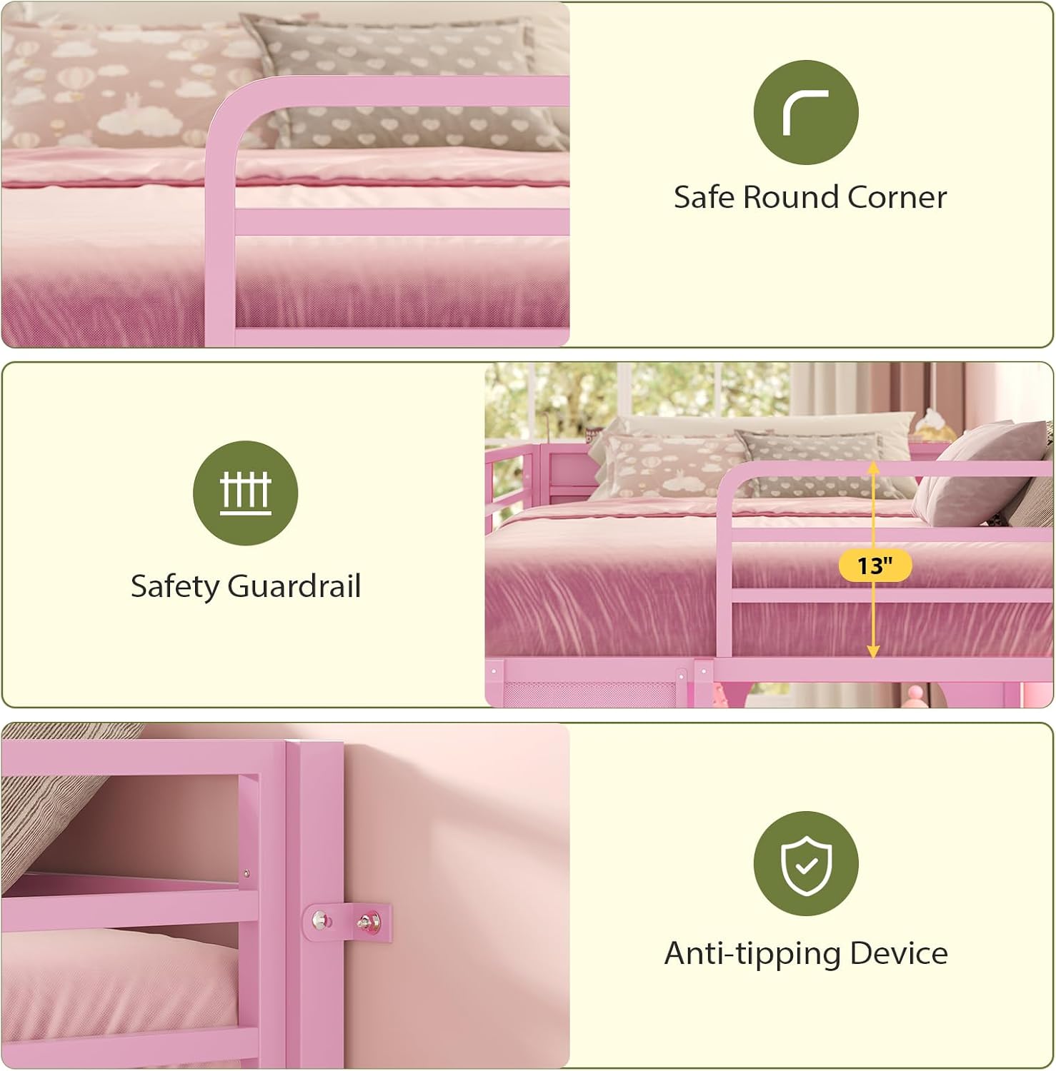 UPOSOJA Twin Size Low Loft Bed with RGB Lights & Play Zone, 8 XL Drawers, Kids Play Loft with 2-Step Ladder & Anti-Tip Kit (Pink)