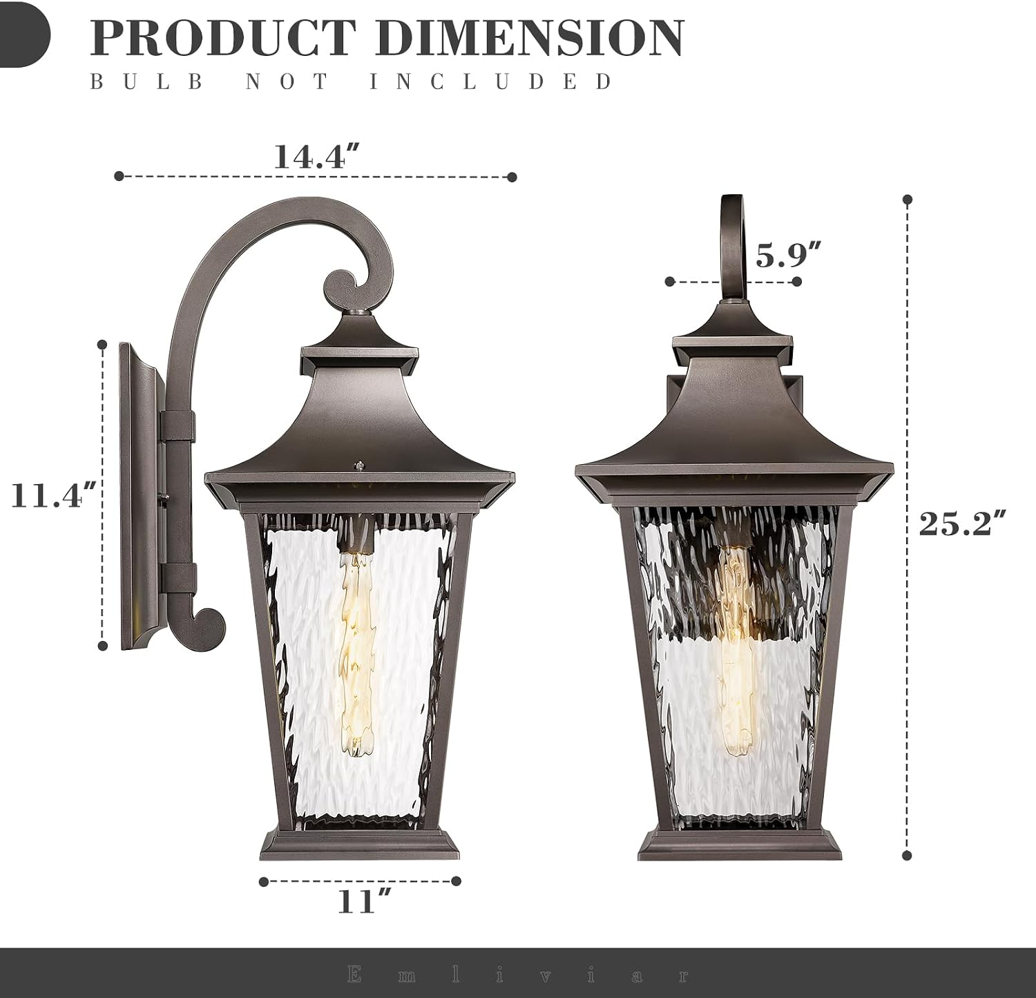 Emliviar 25.2' Outdoor Porch Light, Outside Wall Sconce Lamp for Front Yard, Rustic Exterior Lighting Waterproof in Oil Rubbed Bronze Finish, Water Ripple Glass, XE220B-SW ORB