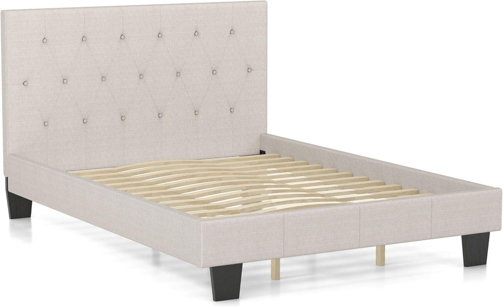 24/7 Shop at Home Athena Upholstered Platform Bed, No Box Required for Bedroom, Twin, Ivory