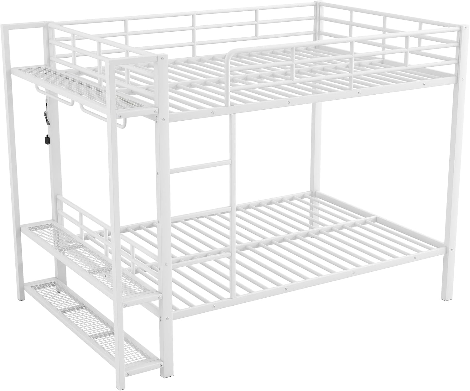 Metal Bunk Bed with Storage Mesh Shelves and Clothes Hooks, Open Storage Shelves, Full Size Bunk Bed with Full-length Reinforced Guardrails for Teens and Adults, No Box Spring Needed (White//96)