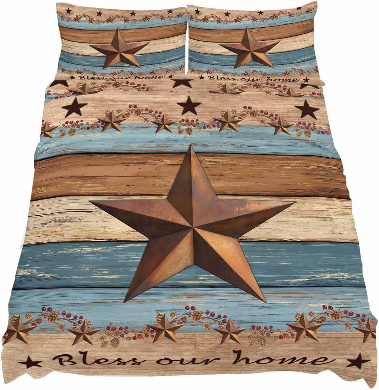 Western Texas Star Retro Cal King Sheet Set 4 Piece Bedding - Vintage Farmhouse Blue Brown Wood Grain Breathable Comfy Cooling Bed Sheets & Pillowcase Sets, Hotel Flat Sheets Deep Pockets Fitted Sheet