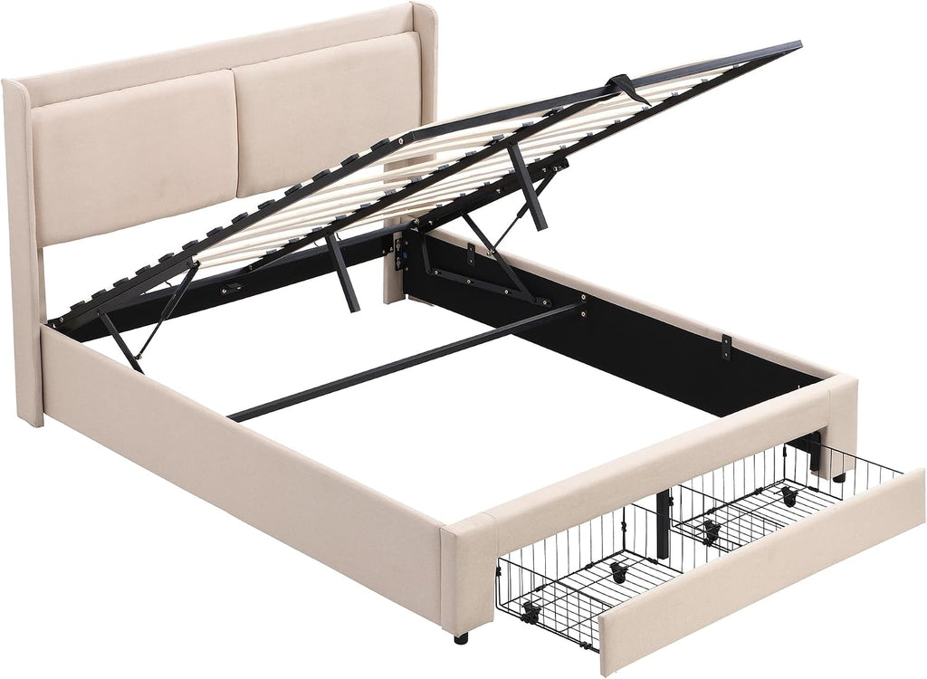 Queen Size Lift Up Storage Bed with Storage Ottoman, Queen Bed Frame with Tufted Headboard/Hydraulic Storage, 2-Pieces Queen Bedroom Sets, Easy Assembly, Pink(Beige with Drawer,Queen)