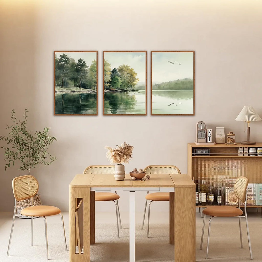 KAIRNE Framed Nature Canvas Wall Art Set,Misty Forest Wall Decor,Green Mountain Forest Pictures,Lake Water Painting set of 3(24'x36'),Landscape Scene Print for Living Room, Bedroom,Gallery Decor