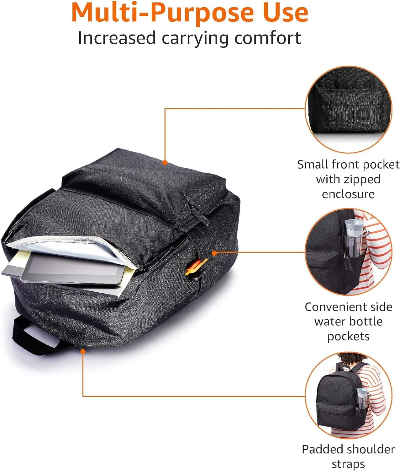 Amazon Basics Backpack for School,Travel,Study with Padded Adjustable Shoulder Straps,Spacious Compartment,Water Bottle Pockets,Durable Classic Design,Black,(Pack of 8)