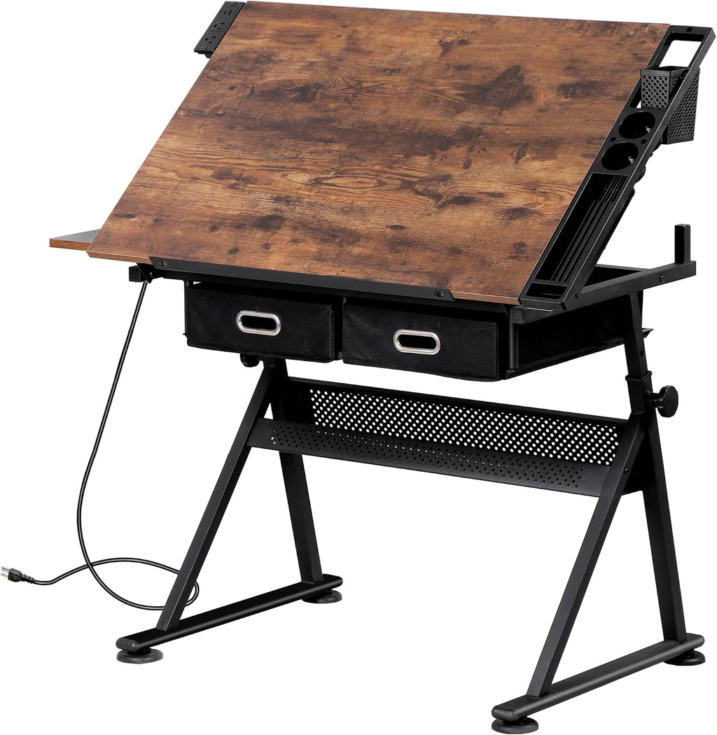 ZENY Adjustable Drafting Table with Stool, Tilting Drawing Desk Artist Table with Storage Drawers, Art Craft Workstation for Home Office Reading, Writing, Crafting