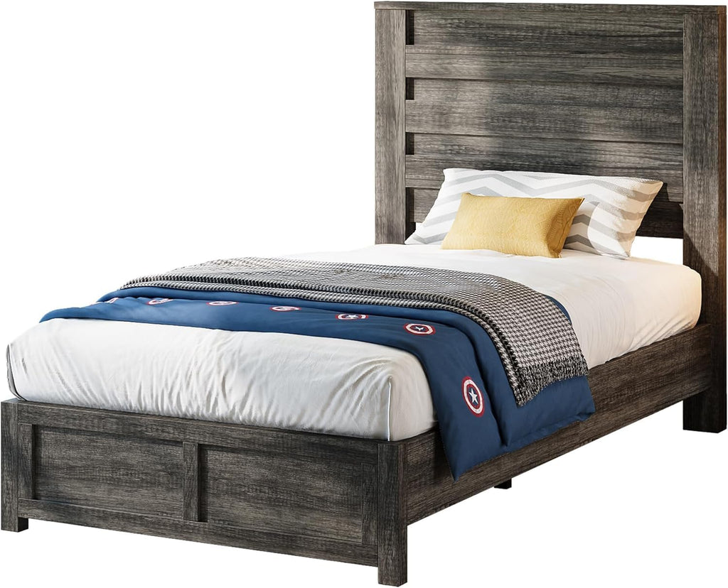 AMERLIFE Farmhouse Twin Platform Bed Frame with 49' Fluted Headboard, Wooden Bed with Natural Grain Finish, Noise-Free, No Box Spring Required, Easy Assembly, Grey