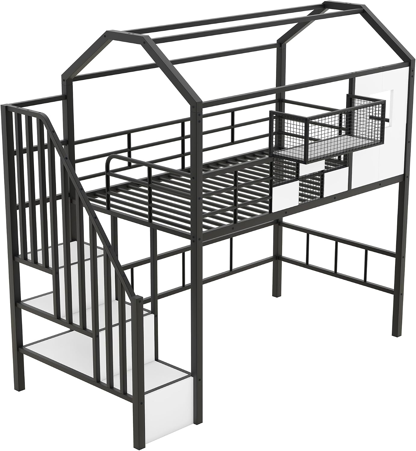 GOWE Metal Loft Bed with roof Design and a Storage Box, Twin, Black