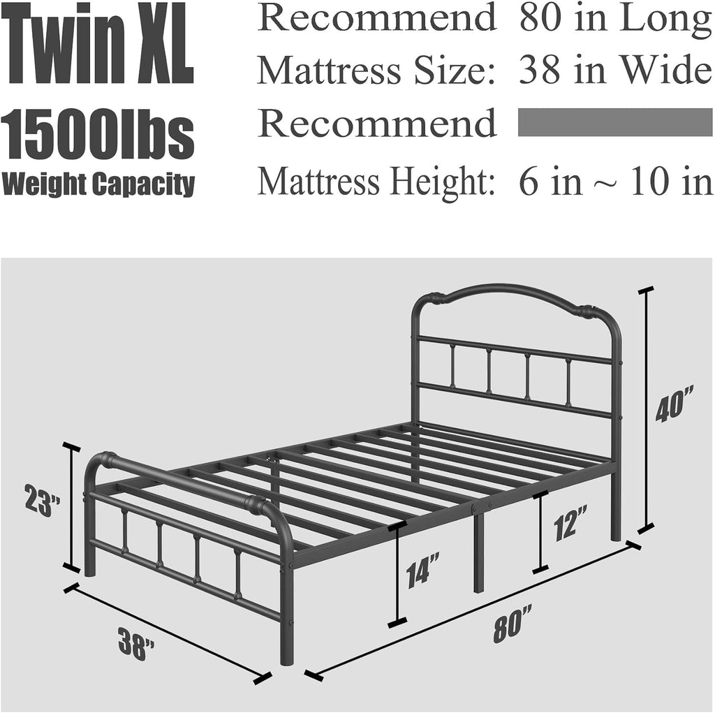 14 Inch Metal Bed Frame, with Headboard and Footboard, No Box Spring Needed, Black (Twin XL)