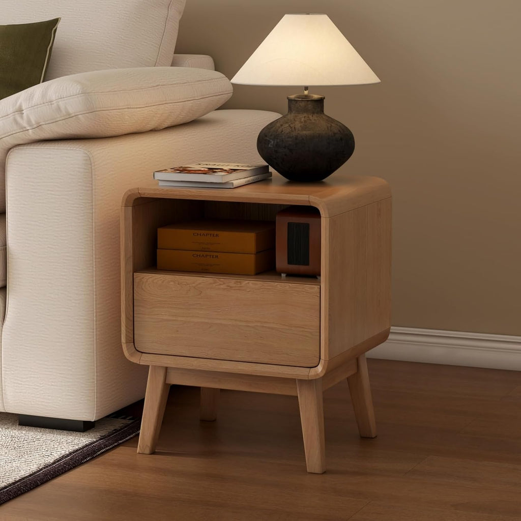100% Solid Oak Wood Nightstand, Natural Wood Nightstand with Drawer Open Shelf, Mid Century Modern Night Stand, Small Side End Tables, Oak Bedside Table for Bedroom(16.54' Wx13.78 Dx20.47 H)