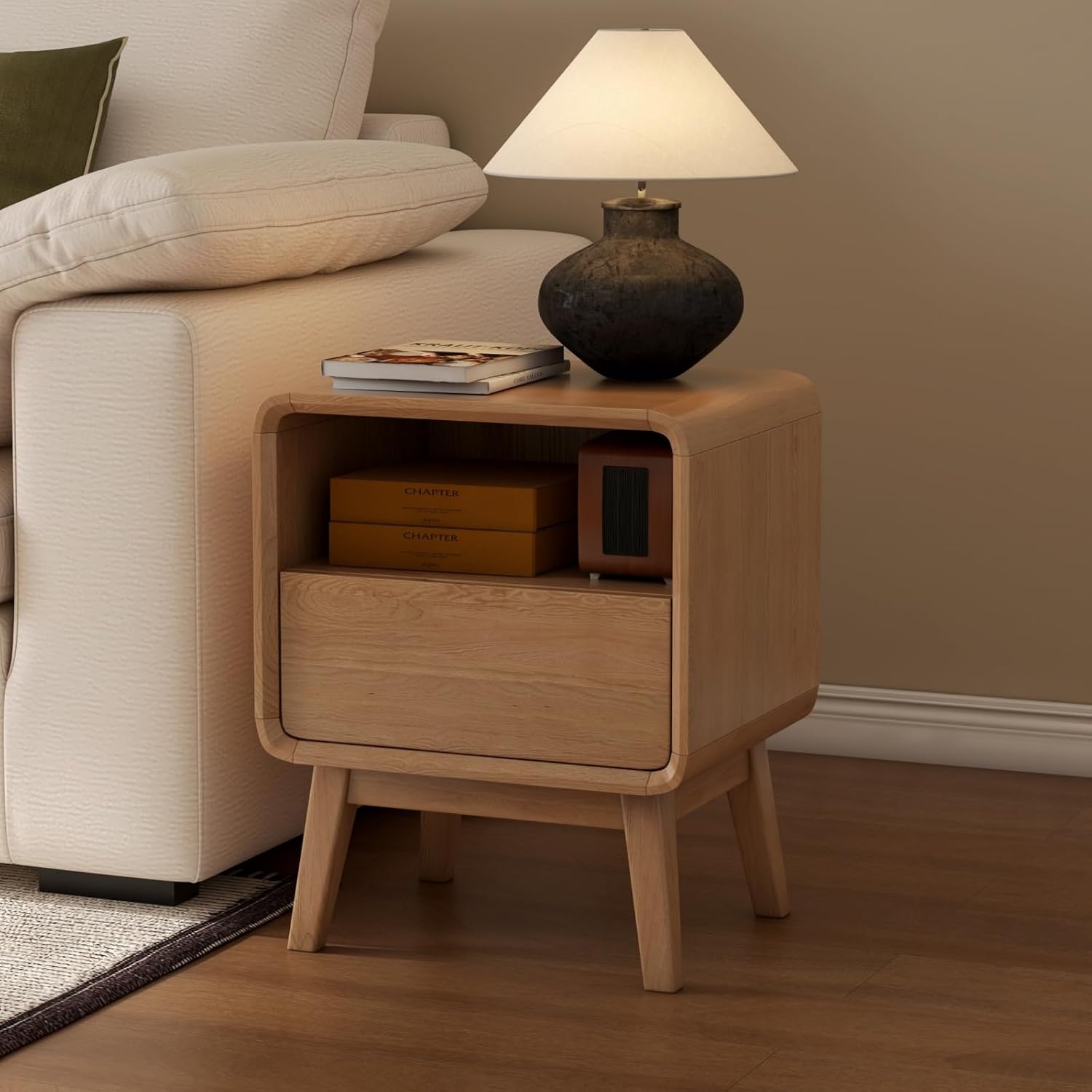 100% Solid Oak Wood Nightstand, Natural Wood Nightstand with Drawer Open Shelf, Mid Century Modern Night Stand, Small Side End Tables, Oak Bedside Table for Bedroom(16.54' Wx13.78 Dx20.47 H)