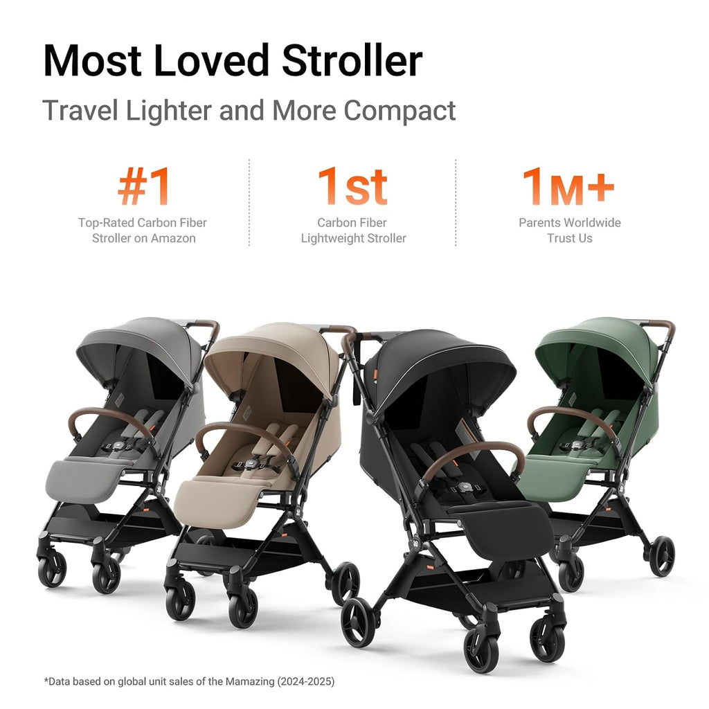 MAMAZING Ultra Air Lightweight Baby Travel Stroller with Carbon Fiber Frame, Compact & Airplane-Friendly, One-Handed Fold, 11.6 lbs, Perfect for Toddlers, Organizer & Cushion Included, Simply Taupe