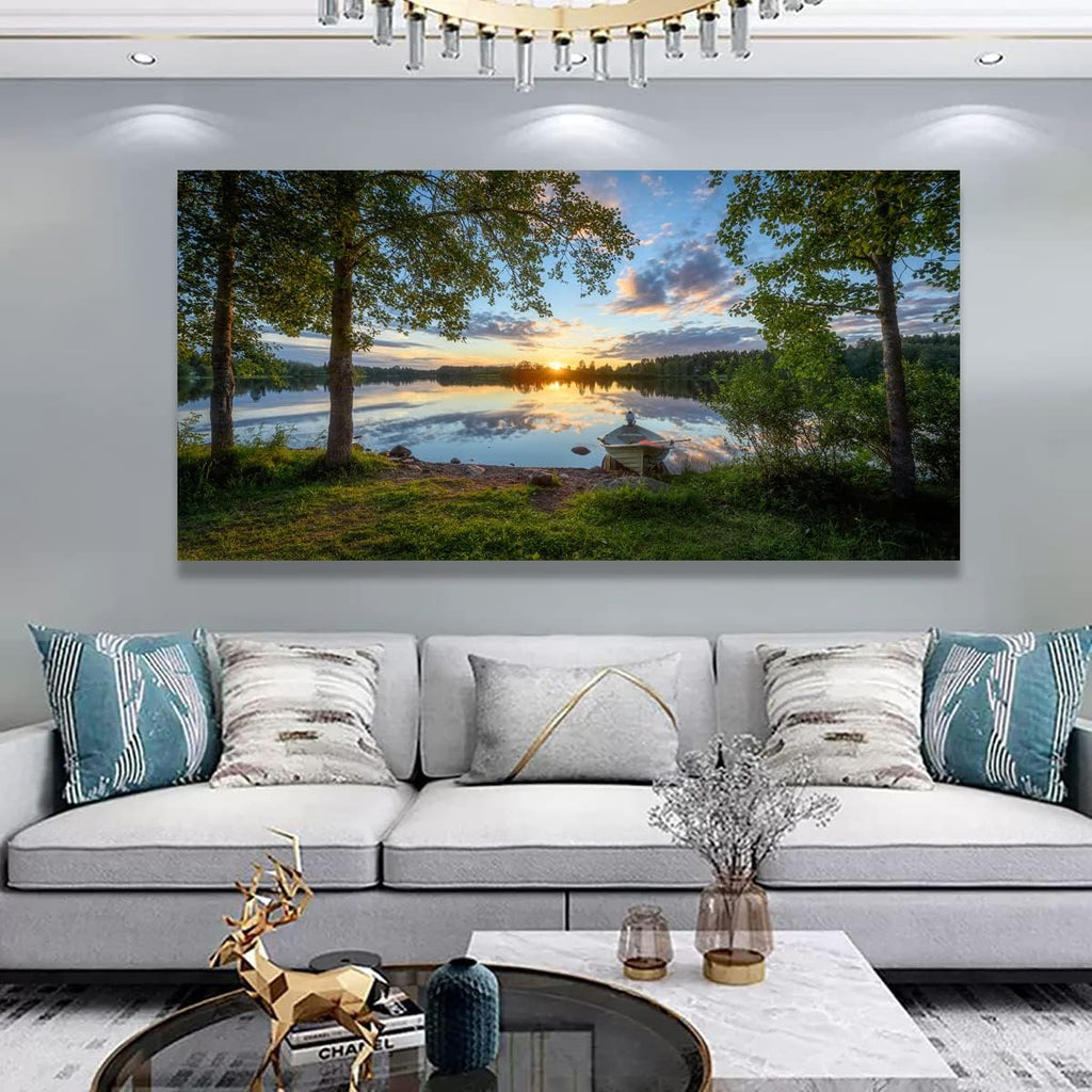 Tree Canvas Wall Art of a Sunrise Over a Forest Lake 28x57 inches Nature Inspired Painting Perfect for Wall Decoration in Living Room and Bedroom Trees and Landscape Picture Artwork Prints