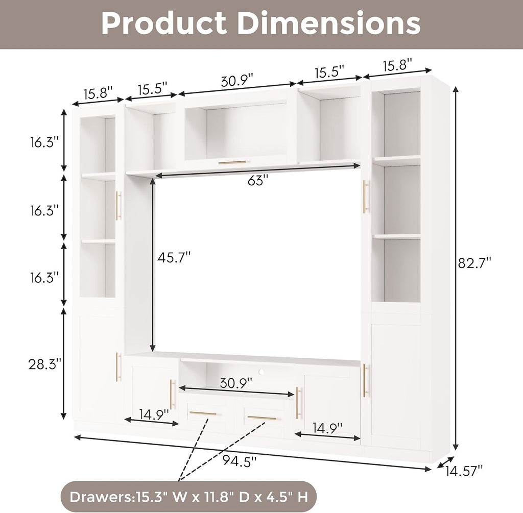 Bobve 94' Wall Unit Entertainment Center for TVs up to 70',Modern TV Console with APP LED Lights,Multifunctional TV Stand with Tempered Glass Door,Drawers & Shelves for Living Room,White