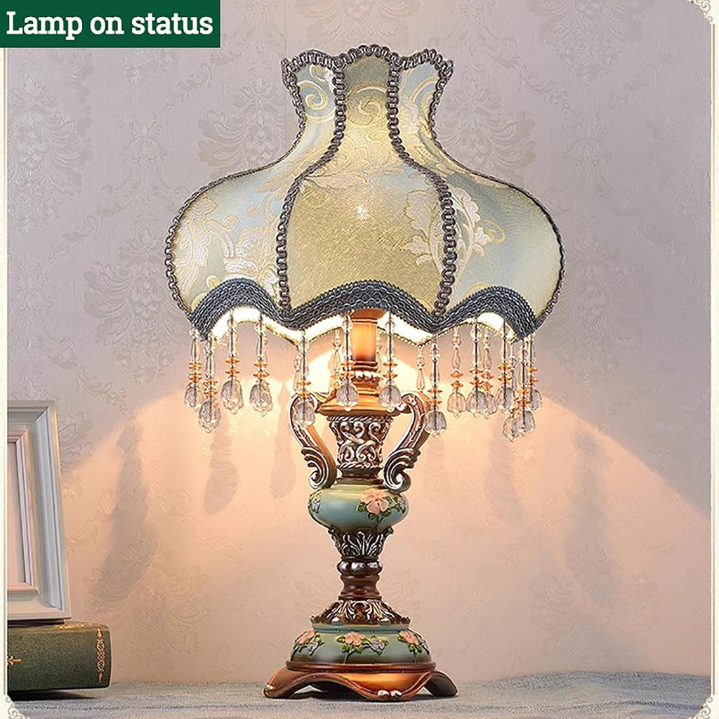 Victorian Lamp Antique Table Lamp with Lace & Fringe,Vintage Fabric Table Lamp with Shade,European Pastoral Night Stand Flower Floral Lamp Table Light for Bedroom Living Room