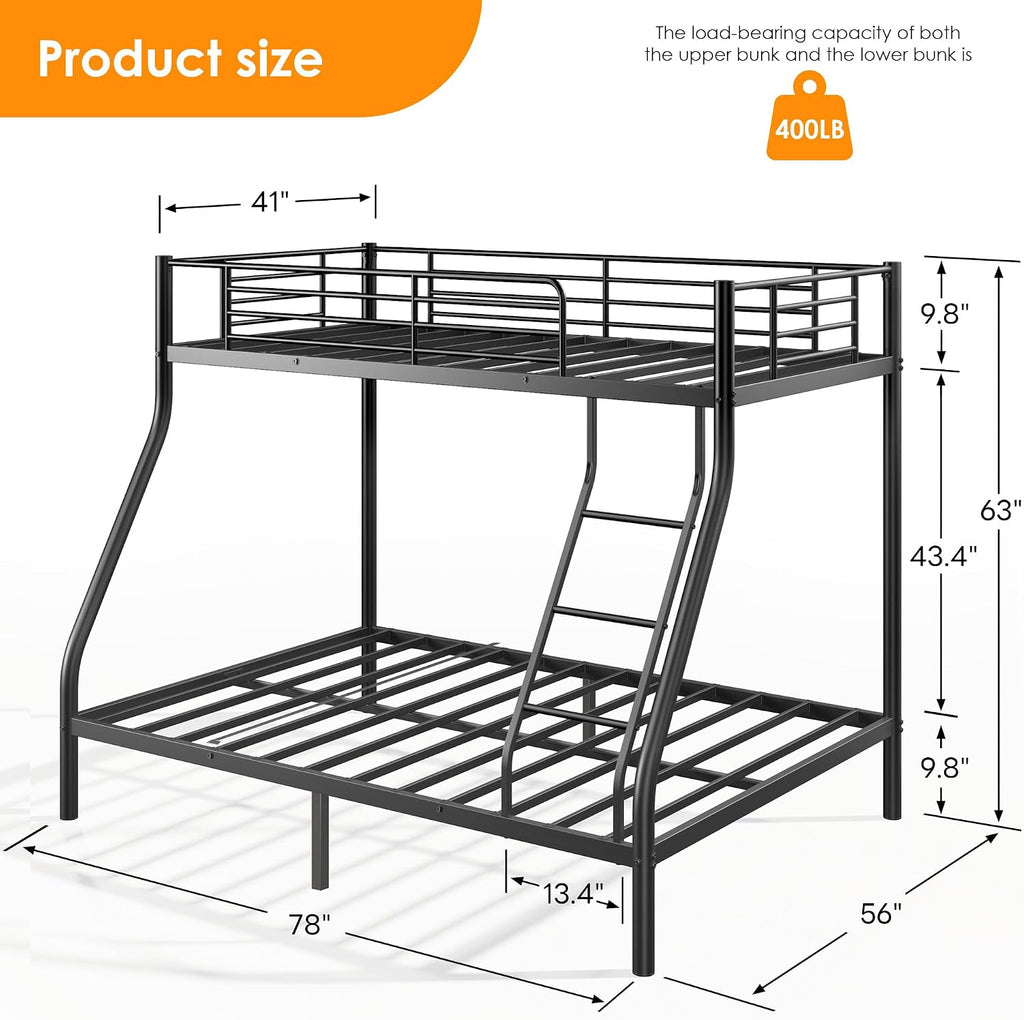 SDHYL Twin Over Full Bunk Bed, Heavy Duty Metal Frame for Adults, Space-Saving for Dorm, Apartment & Small Room, Black, No Box Spring Needed