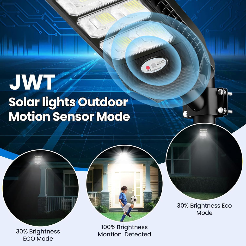 JWT 2 Pack 27' Large Solar Street Lights Outdoor Waterproof - Solar Powered Security Parking Lot Light Dusk to Dawn,Motion Sensor Commercial LED Solar Flood Lights Remote Control for Outside Yard