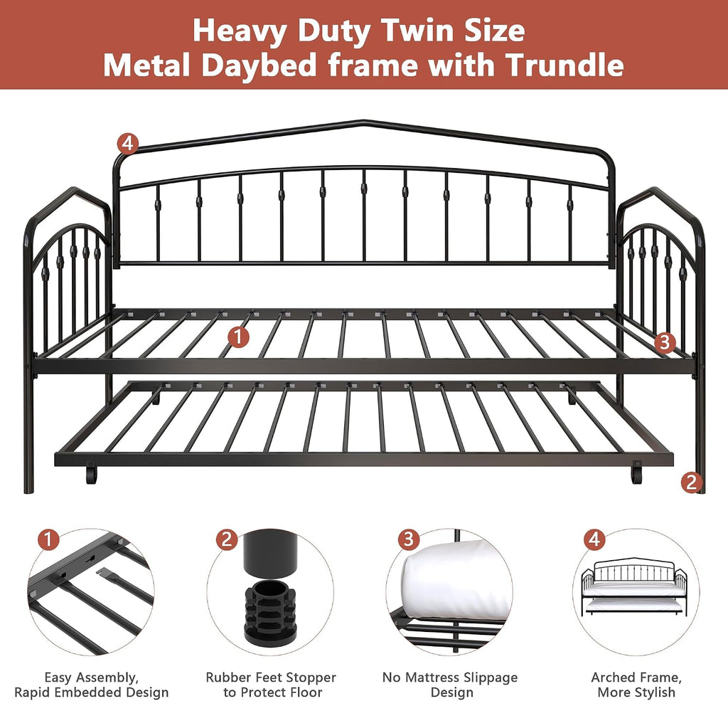 mikibama Twin Daybed with Trundle,Victorian Metal Daybeds with Pull Out Trundle,Vintage Guest Day Bed Frame Twin Size for Living Room,Bedroom,Apartment (Victorian Black with Trundle)