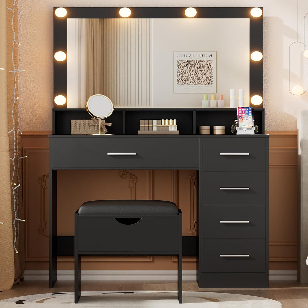 ERLEJIA Vanity Desk with Mirror and Lights, 35.43' Large Mirror Makeup Table with Stool, 5 Drawers Dressing Table for Girls and Ladies Bedroom, Black