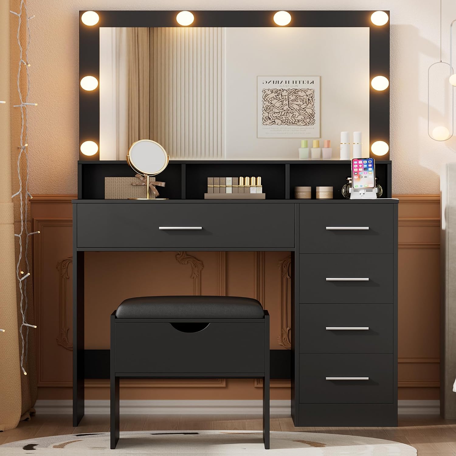 ERLEJIA Vanity Desk with Mirror and Lights, 35.43' Large Mirror Makeup Table with Stool, 5 Drawers Dressing Table for Girls and Ladies Bedroom, Black