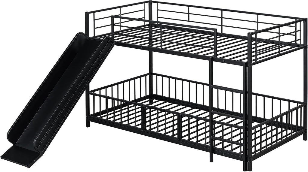 JIVOIT Metal Bunk Bed Frame with Slide and Ladder, Twin Over Twin Size Bunk Bed with Metal Slats Support, Heavy Duty Metal Low Bunk Bed, No Box Spring Needed (Black,Twin,09)