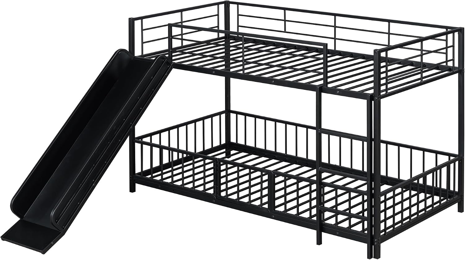 JIVOIT Metal Bunk Bed Frame with Slide and Ladder, Twin Over Twin Size Bunk Bed with Metal Slats Support, Heavy Duty Metal Low Bunk Bed, No Box Spring Needed (Black,Twin,09)