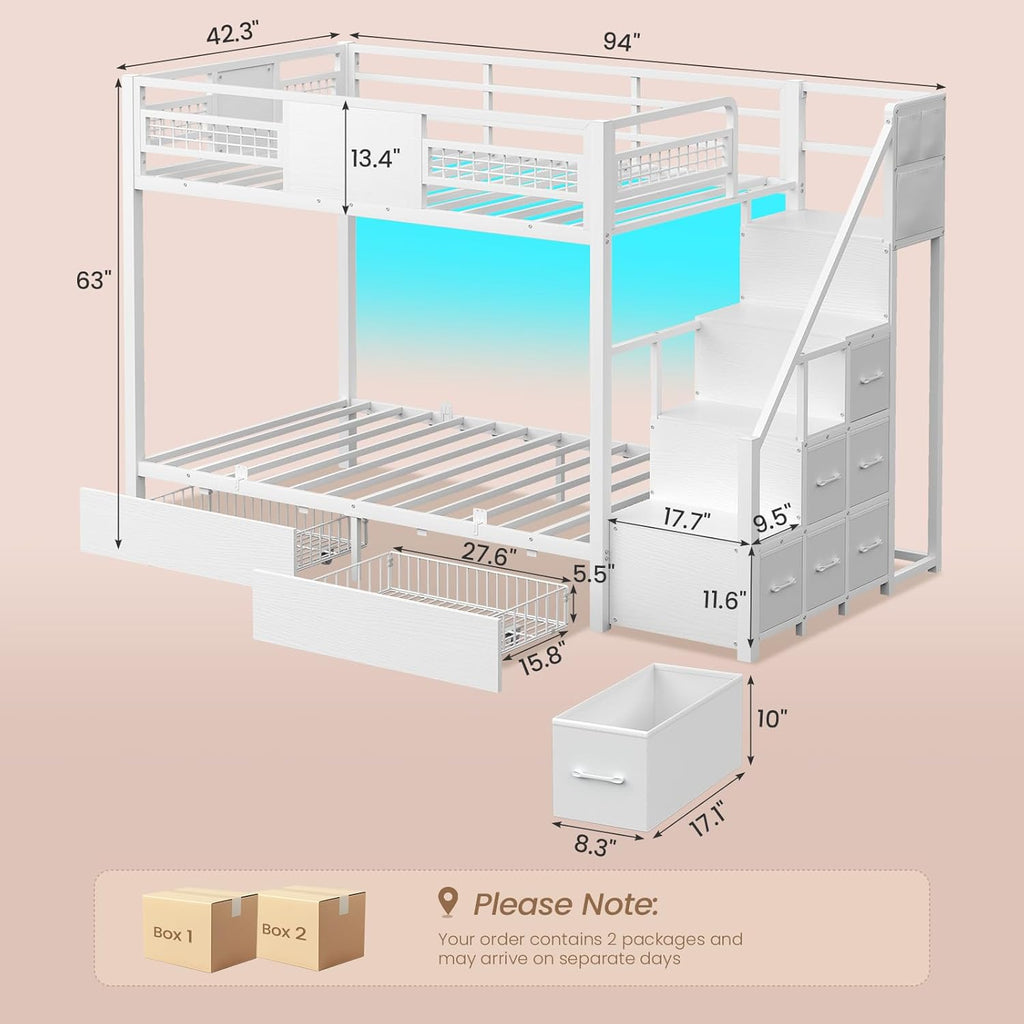 BTHFST Bunk Bed Twin Over Twin with Stairs, LED Lights Twin Bunk Bed with 2 Storage Drawers & 6 Fabric Drawers, Metal Twin Loft Beds with Guardrail & Stairs, Space Saving, Sturdy Frame for Teens