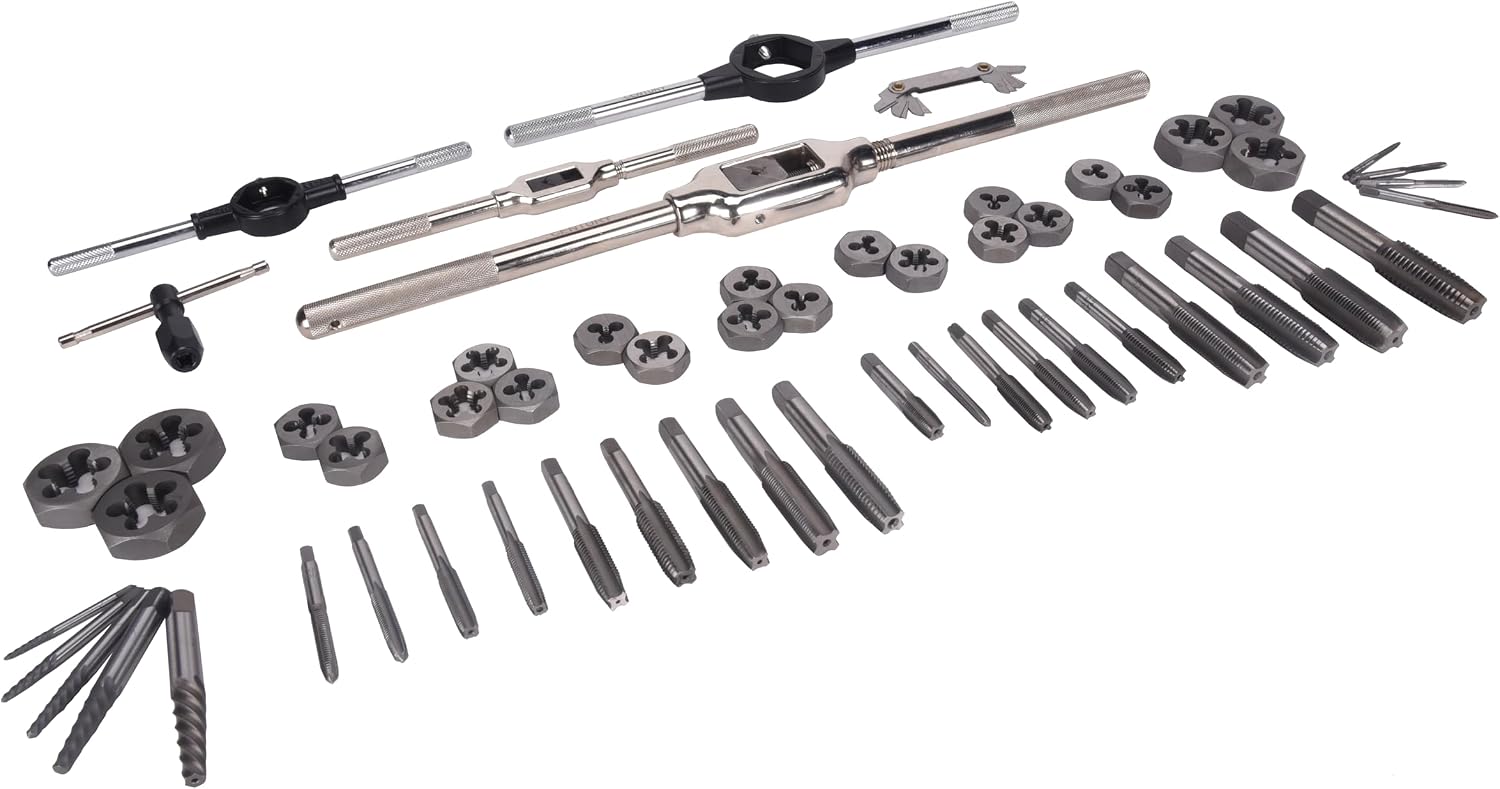 Century Drill & Tool Metric Tap and Die Set, 58-Pc Heat Treated Steel Hand Cutting Taps & Dies Includes Wrenches, Screw Extractors, Pitch Gauge & More - 98957