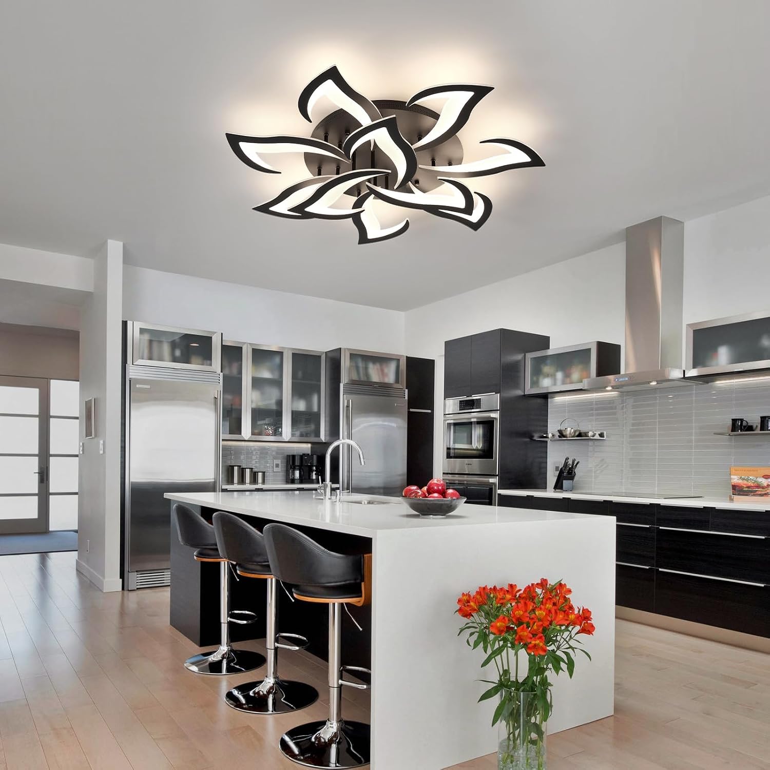 Goeco Dimmable Ceiling Light, Black Flower Ceiling Light Fixture with Remote Control and App, Modern LED Acrylic Close to Ceiling Light for Living Room, Bedroom, Kitchen, CCT: 3000K-6500K