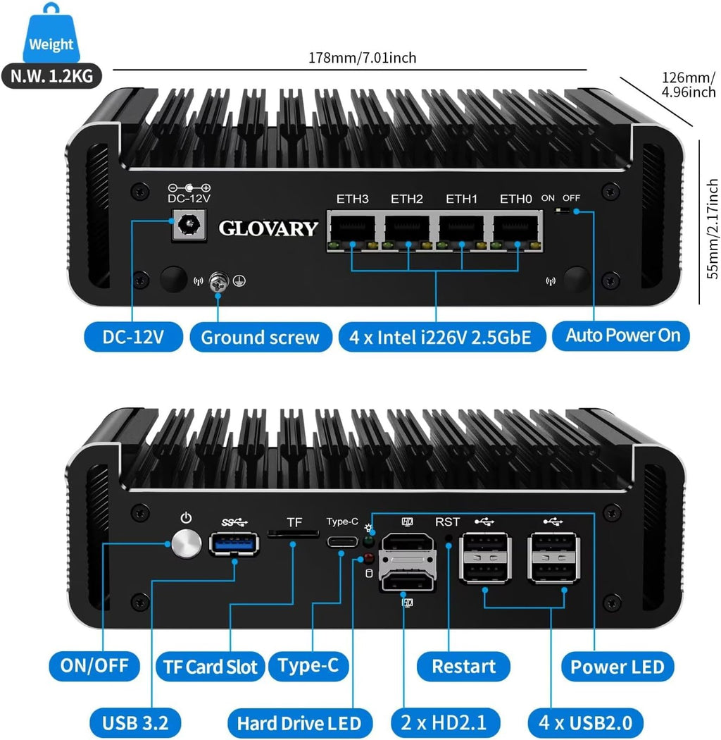 Firewall Micro Appliance J6413 4 Core, DDR4 8GB RAM 128GB NVMe SSD, 4 x i226V 2.5GbE LAN Fanless OPNsense Mini PC Router, AES-NI, 2HD+USB-C 3 Display Hardware, 2 x M.2 NVMe, TF Card Slot