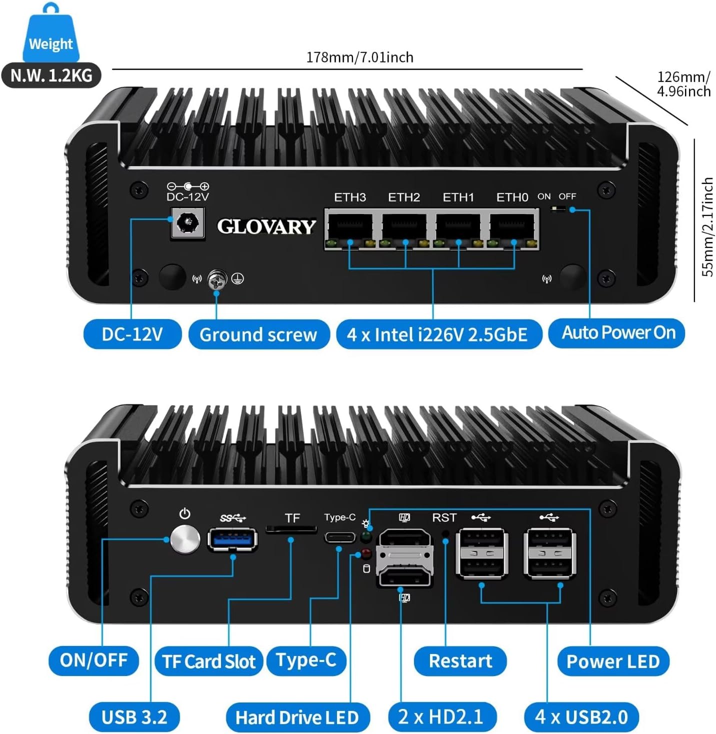Firewall Micro Appliance J6413 4 Core, DDR4 8GB RAM 128GB NVMe SSD, 4 x i226V 2.5GbE LAN Fanless OPNsense Mini PC Router, AES-NI, 2HD+USB-C 3 Display Hardware, 2 x M.2 NVMe, TF Card Slot