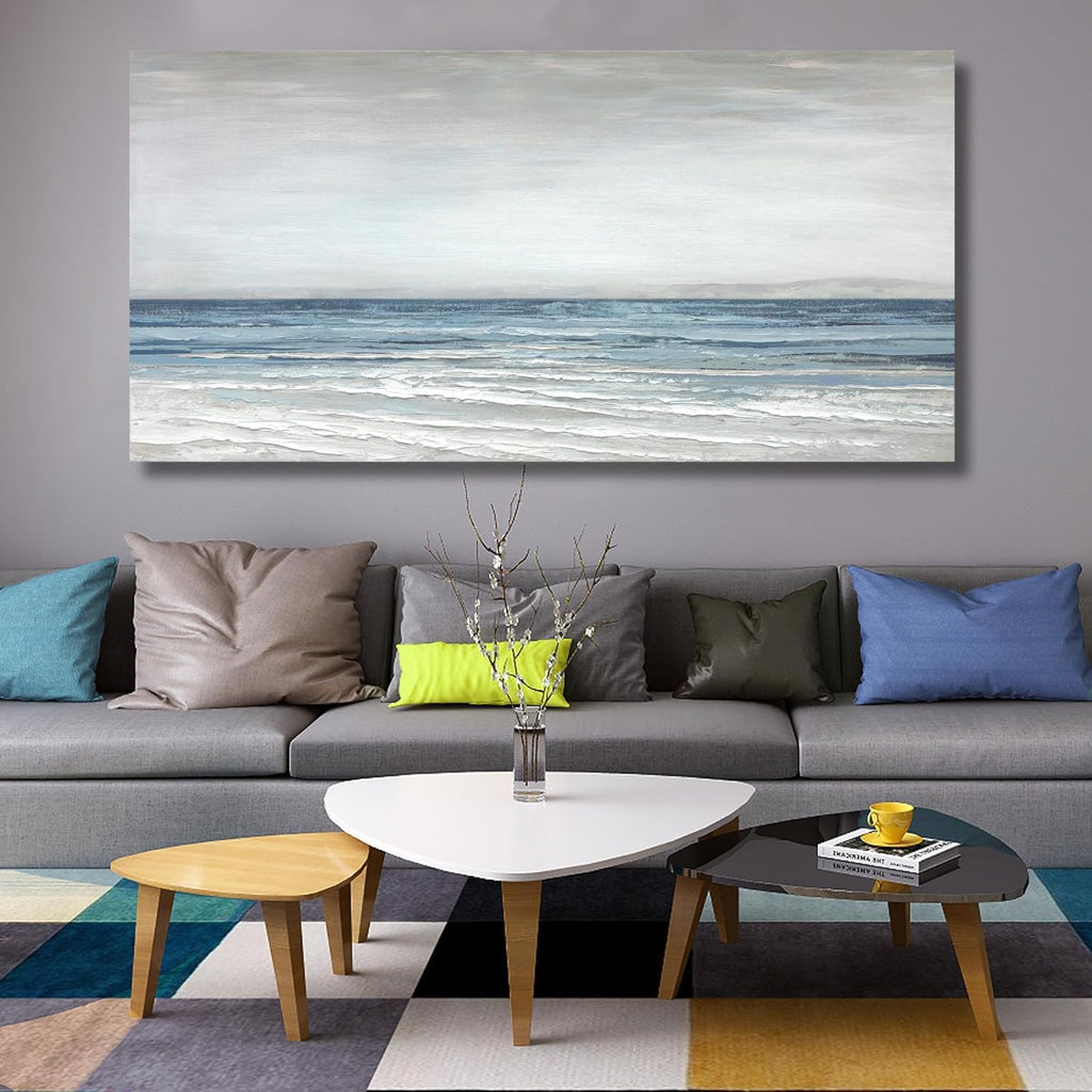 TRAIN2 ART Abstract Wall Art Painting Wall Decor Large Artwork Textured Blue and White Sea Background Canvas Wall Art for Living Room Bedroom Home Decor 28'x57'