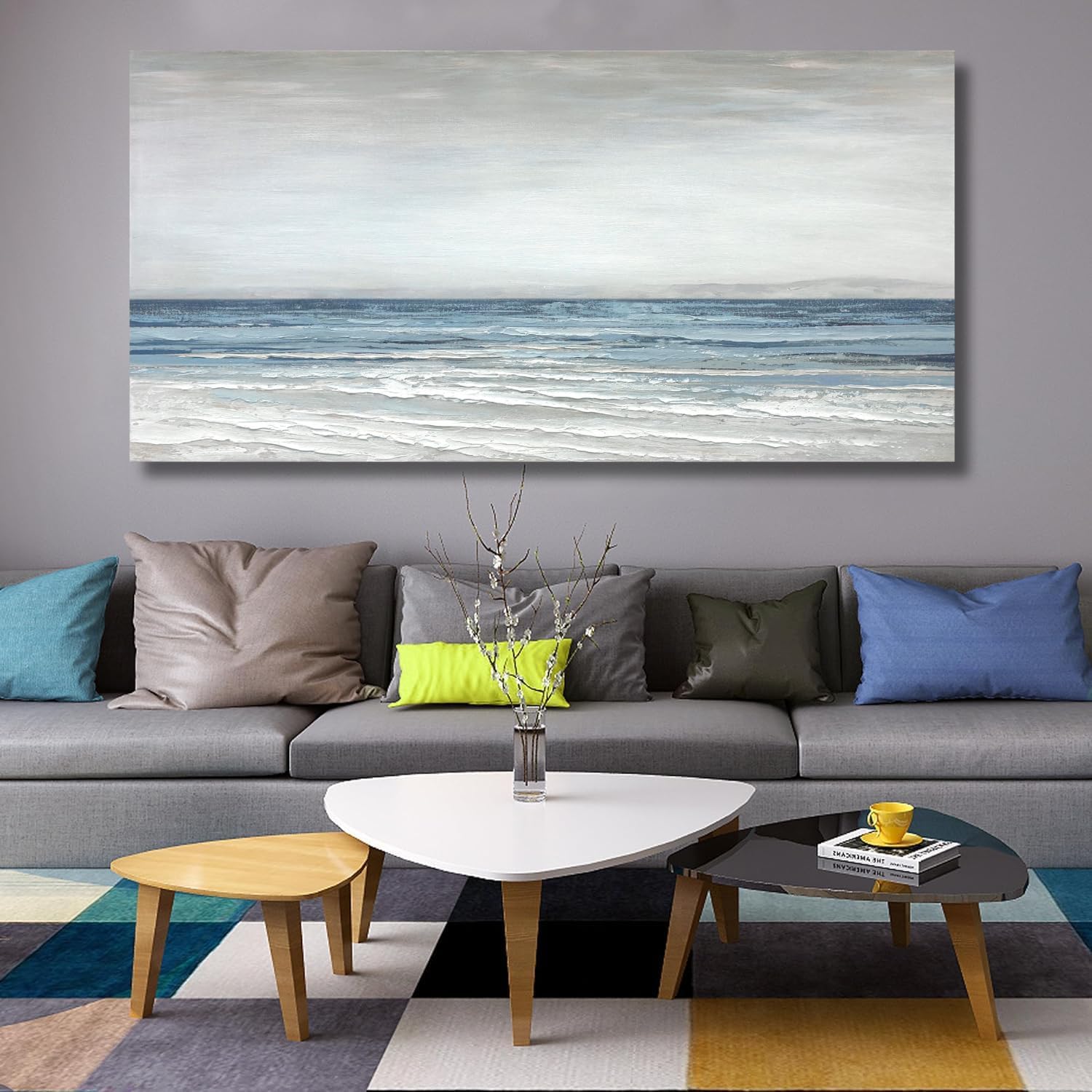 TRAIN2 ART Abstract Wall Art Painting Wall Decor Large Artwork Textured Blue and White Sea Background Canvas Wall Art for Living Room Bedroom Home Decor 28'x57'