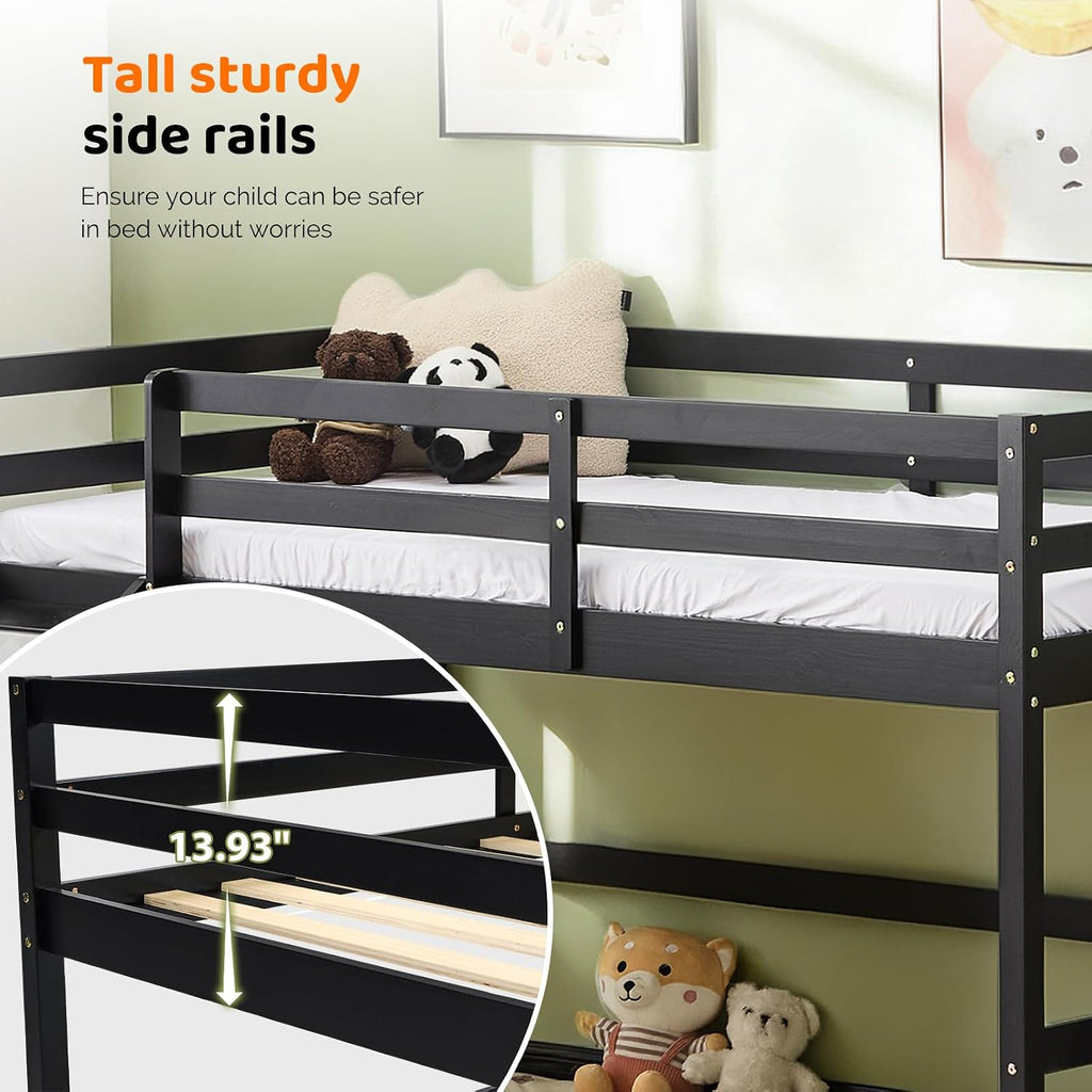 VINGLI 47 Inches Medium High Loft Bed with Slide, Space Saving Kids Low Loft Bed Twin Size with Guardrail and Flat Ladder, Pine Wood Bed Frame for Boys and Girls, Black