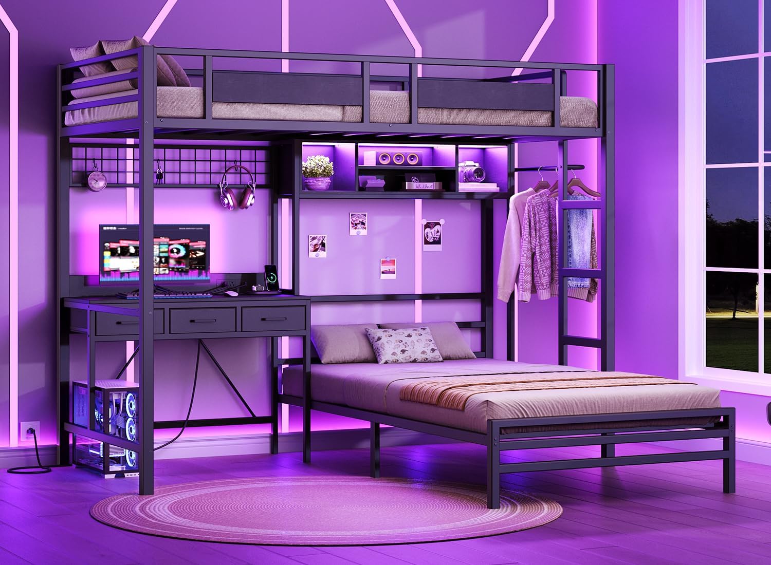 RALGEND Twin Over Twin Bunk Bed with Desk with 3 Drawers & Storage Shelves, Twin Bunk Bed with Charging Station & LED Lights, Bunk Bed with Guardrail & Ladder for Kids, Teens, Small Spaces, Black