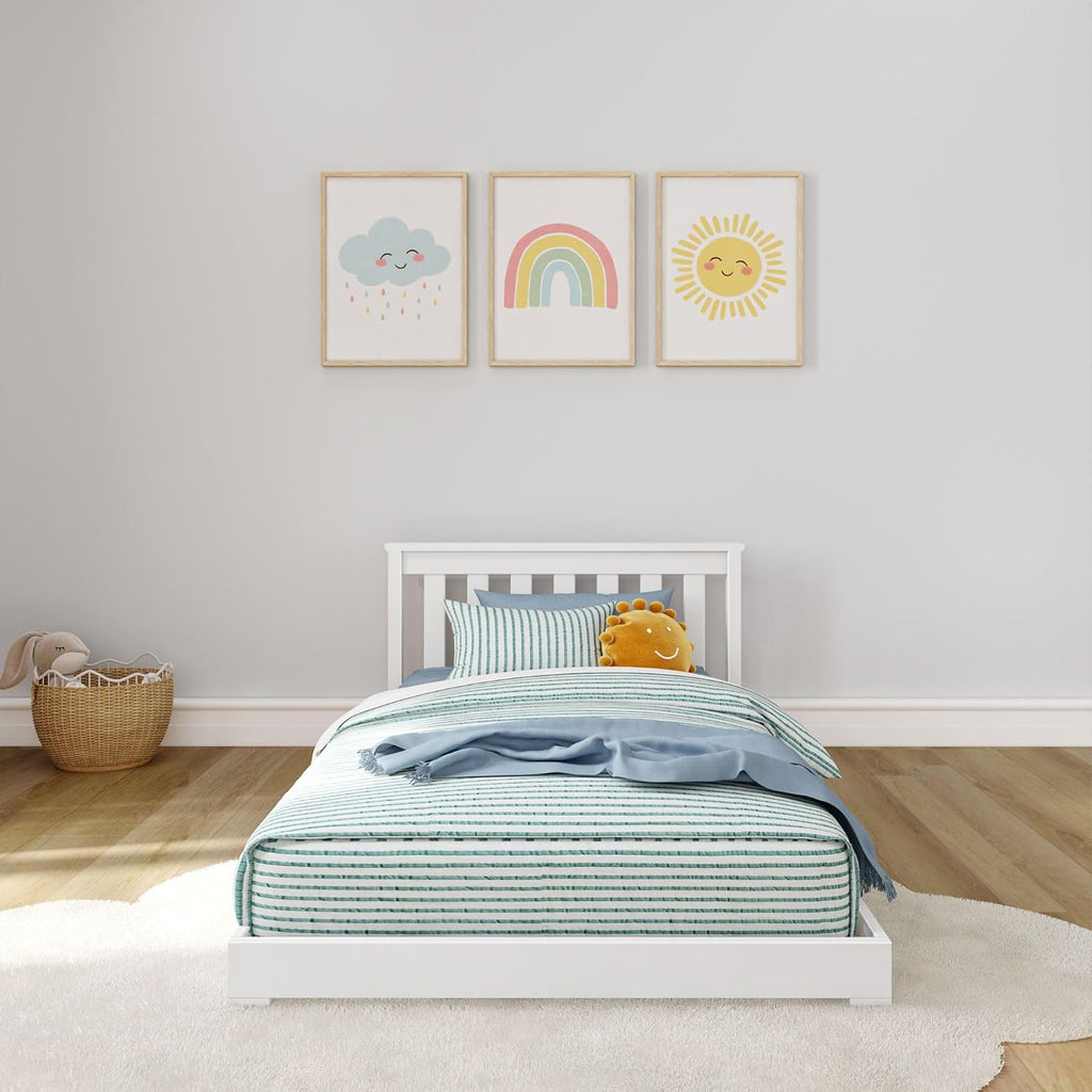 Max & Lily Classic Twin Floor Bed, 79.75 Inches, Solid Wood Low Bed Frame for Kids, Modern Floor Bed for Bedroom, White