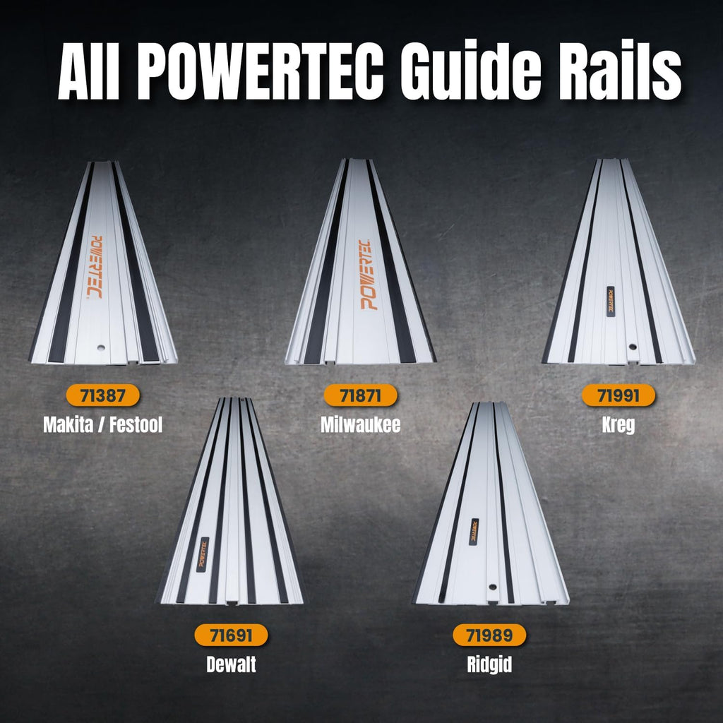 POWERTEC 110' Track Saw Guide Rail Joining Set for Ridgid Track Saws, Include 2x55' Extruded Aluminum Guide Rail, 2 Rail Extension Connectors and Protective Carrying Bag (72133)