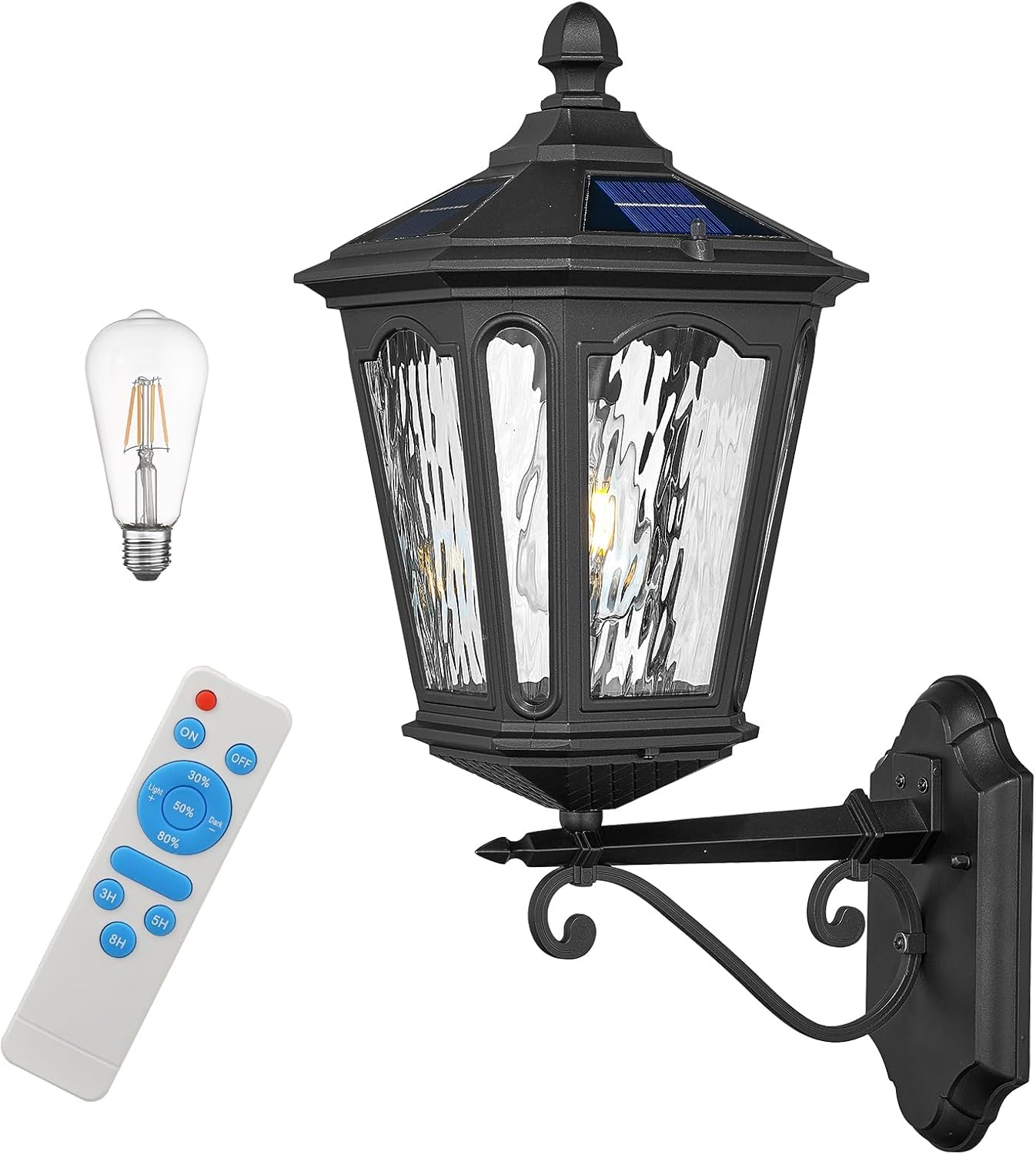 Solar LED Wall Light Outdoor with Remote Control, 22'' Front Door Sconce Dusk to Dawn 3 Lighting Modes Solar Exterior Wall Lantern Outside Lights for Patio Doorway Porch Walkway, Black