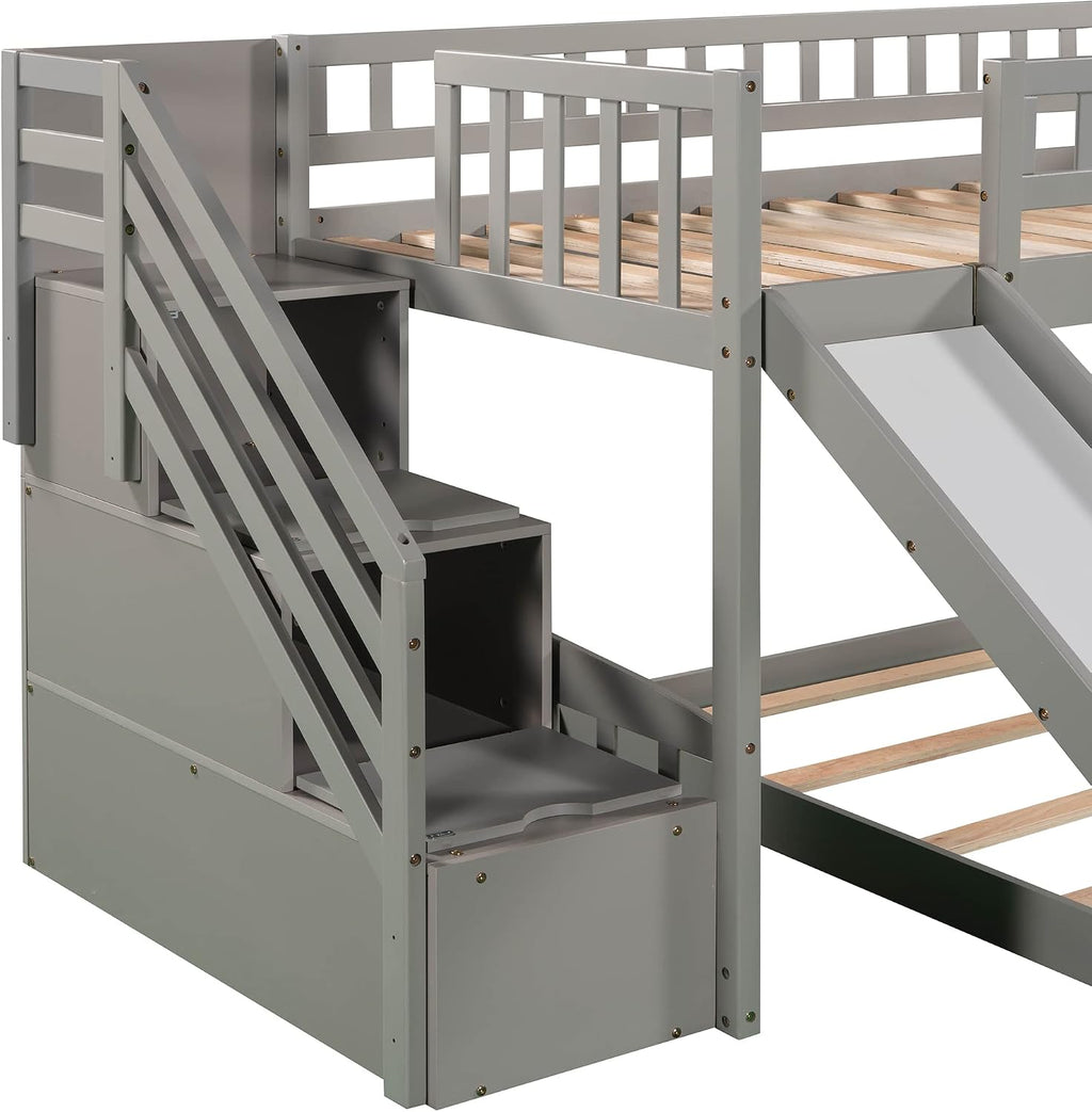 Bellemave Twin Over Twin Stairway Bunk Bed with 2 Storage Drawers and Slide, Pinewood Frame, Full-Length Guardrails, Convertible Ladder Slide Staircase, No Box Spring for Kids Bedroom (Grey)