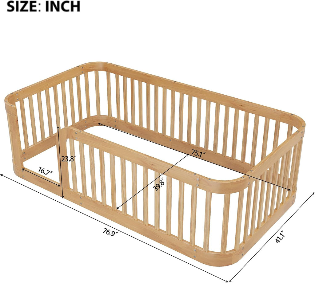 JIVOIT Twin Size Floor Bed Frame with Fence, Wood Montessori Floor Bed with Safety Guardrail, Easy Assembly (Natural/124)