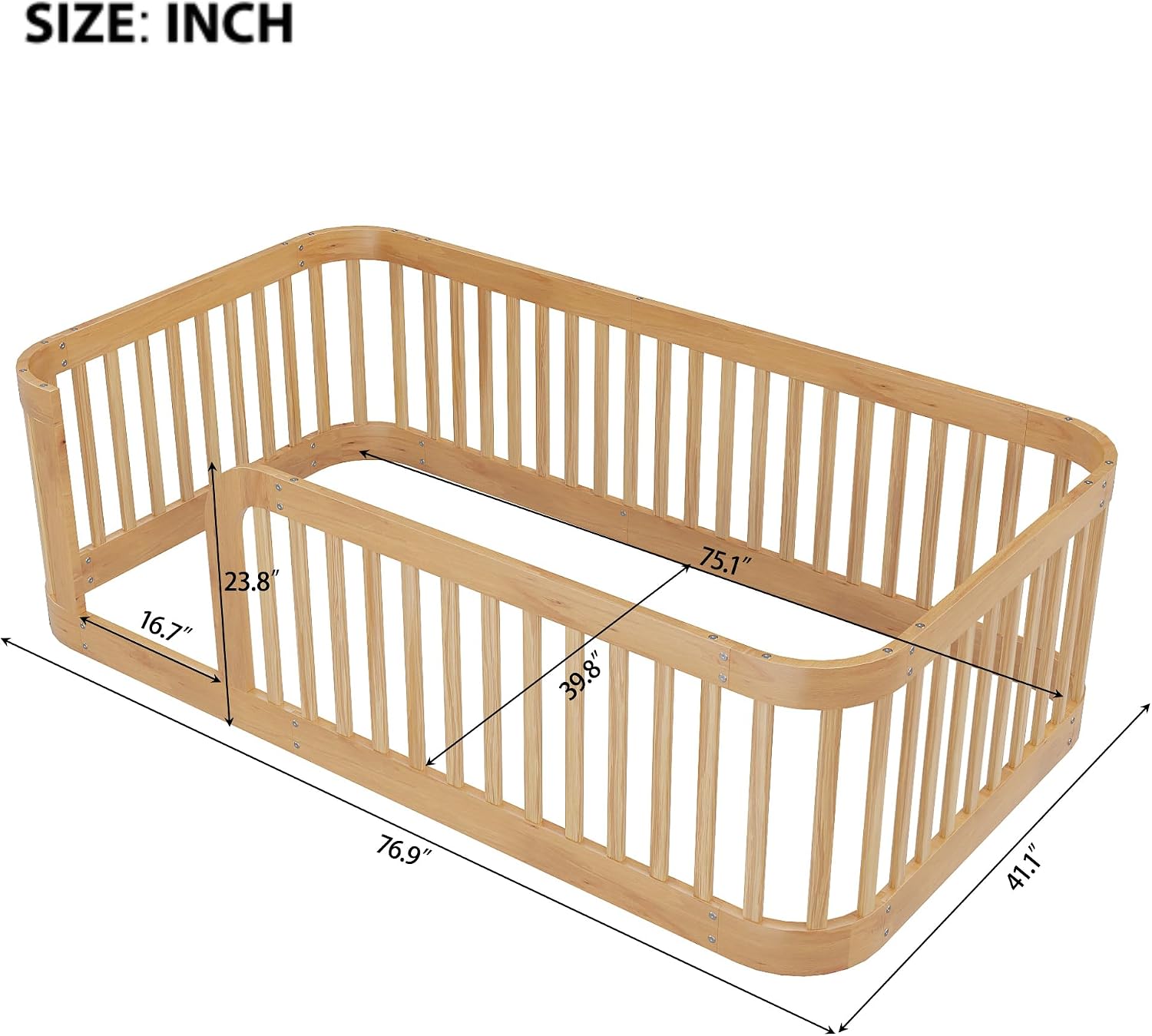 JIVOIT Twin Size Floor Bed Frame with Fence, Wood Montessori Floor Bed with Safety Guardrail, Easy Assembly (Natural/124)