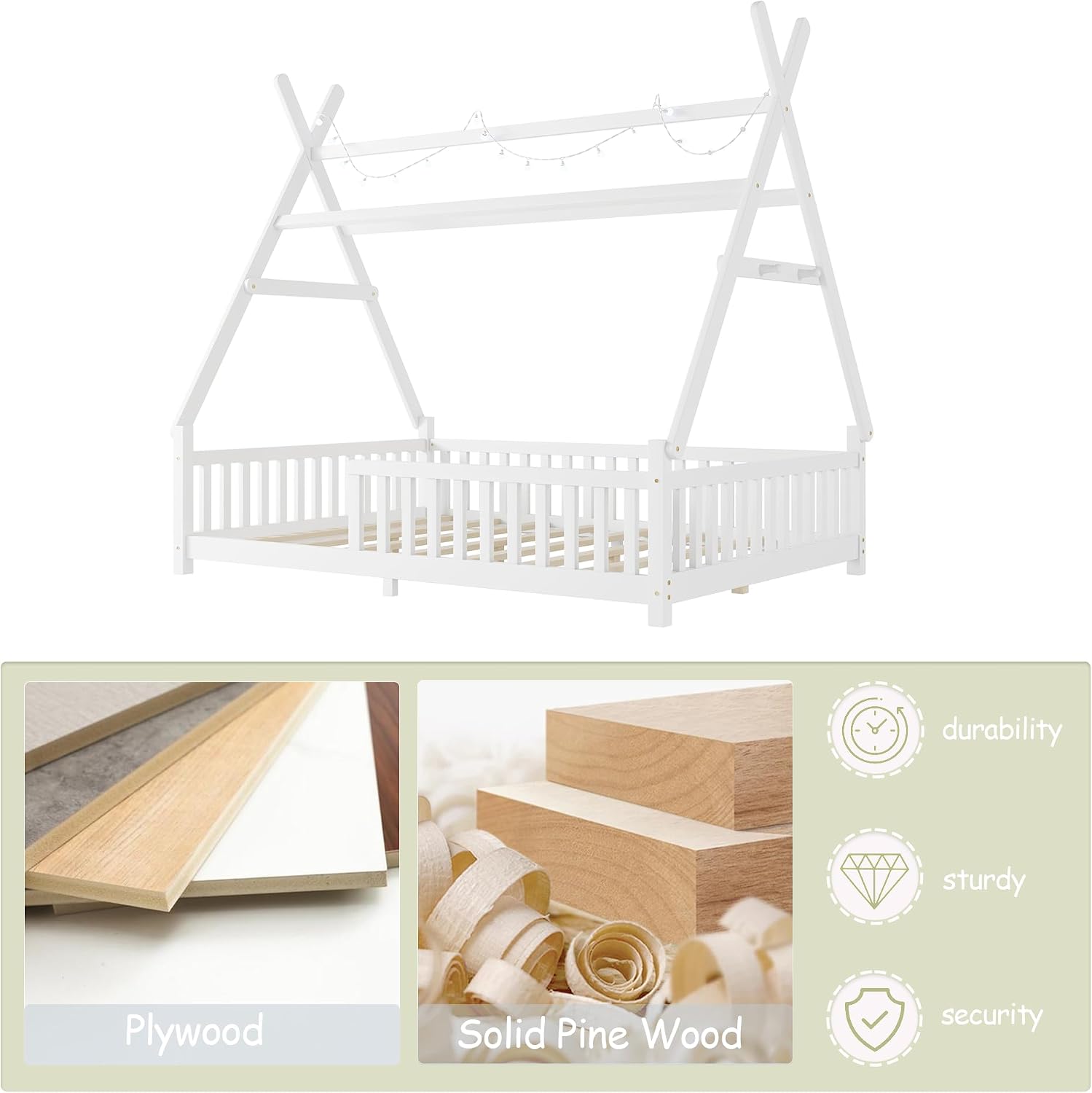 Full Montessori Kids Floor Bed with Rails and LED Light, Low Full Beds Frame with Fence and Removable Roof, Wood Montessori Floor Bed Frame for Kids, Girls, Boys, White