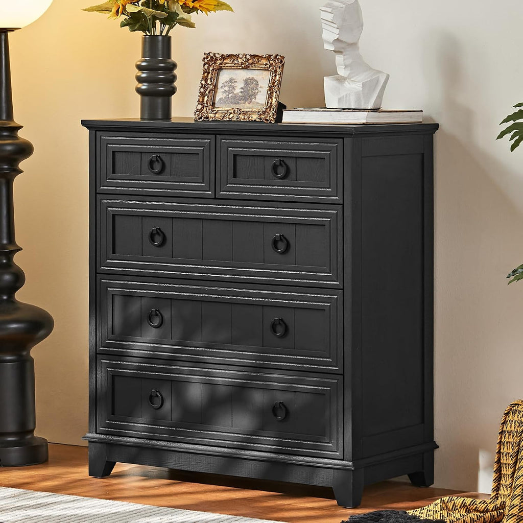 Joaxswe Farmhouse 5 Drawer Dresser for Bedroom Set of 2, 33.2' Tall Small Dressers & Chest of Drawers, Rustic Wood Dresser with Metal Handle, Storage Organizer Closet for Living Room, Hallway,Entryway