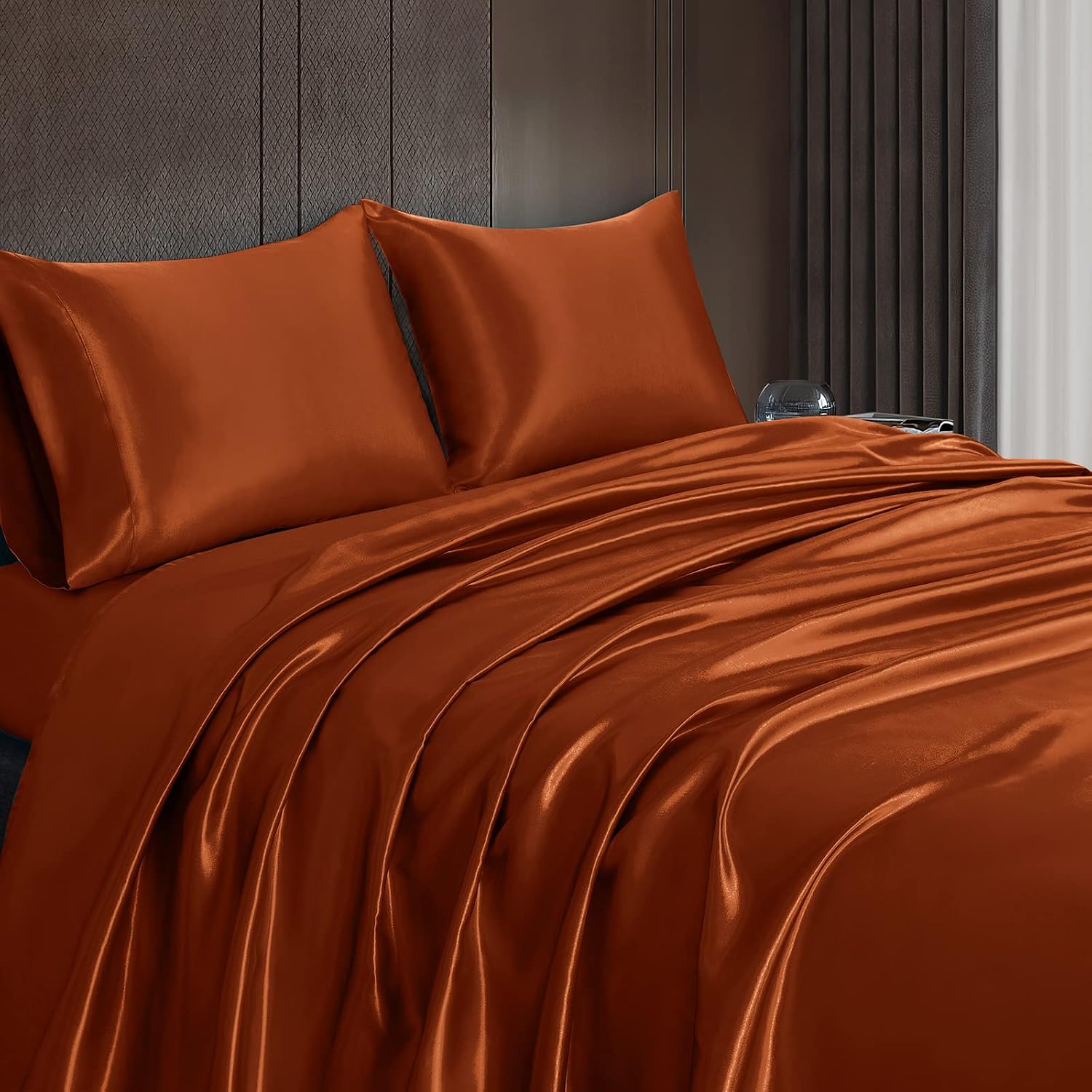 Twin XL Size 4-Piece Sheet Set Premium Mulberry Silk Bed Sheets Set Fits 14-16' Deep Pocket - Luxurious Soft Silk (Solid, Burnt Orange)