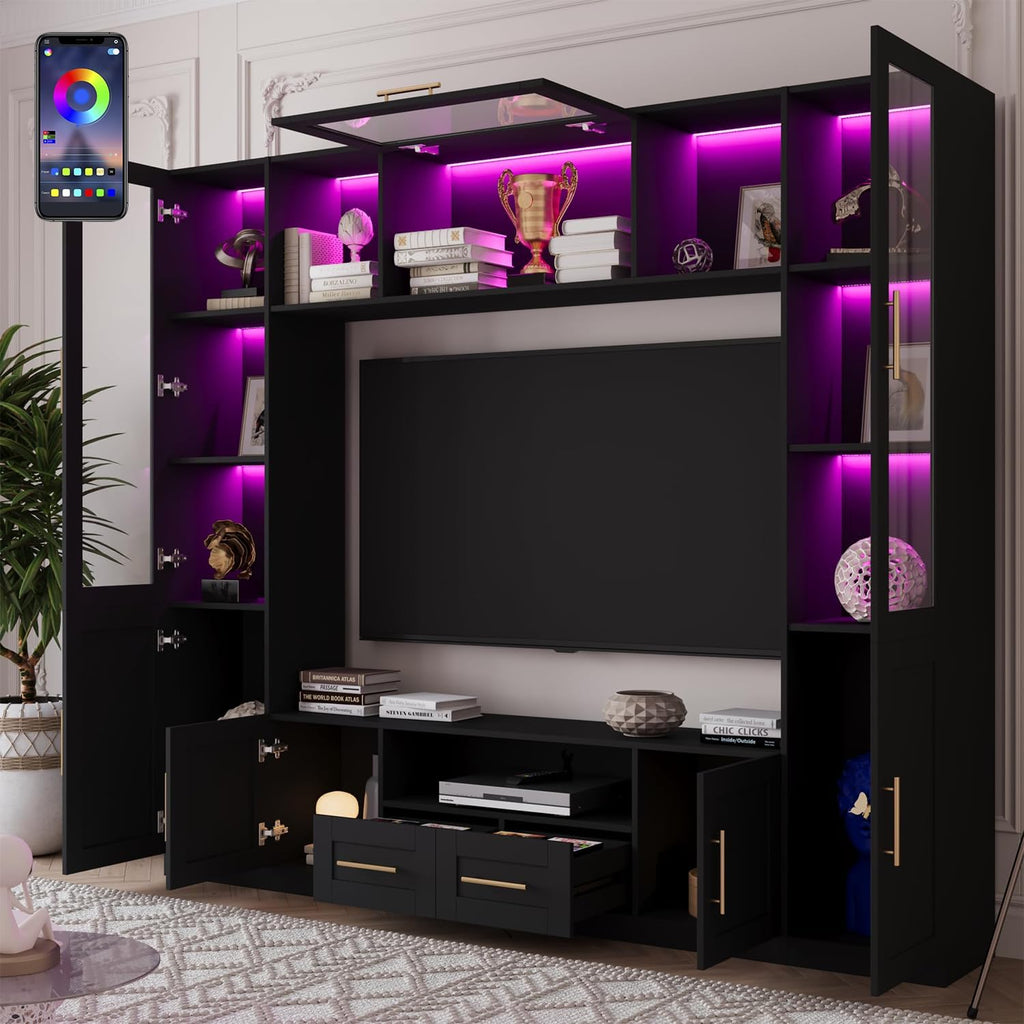 Bobve 94' Wall Unit Entertainment Center for TVs up to 70',Modern TV Console with APP LED Lights,Multifunctional TV Stand with Tempered Glass Door,Drawers & Shelves for Living Room,Black