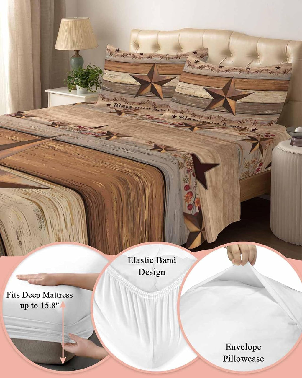Western Texas Star Retro Cal King Sheet Set 4 Piece Bedding - Vintage Farmhouse Berry Brown Wood Breathable Comfy Cooling Bed Sheets & Pillowcase Sets, Hotel Flat Sheets Deep Pockets Fitted Sheet