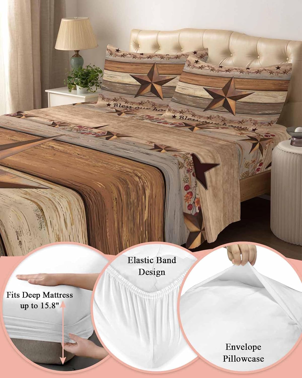 Western Texas Star Retro Cal King Sheet Set 4 Piece Bedding - Vintage Farmhouse Berry Brown Wood Breathable Comfy Cooling Bed Sheets & Pillowcase Sets, Hotel Flat Sheets Deep Pockets Fitted Sheet