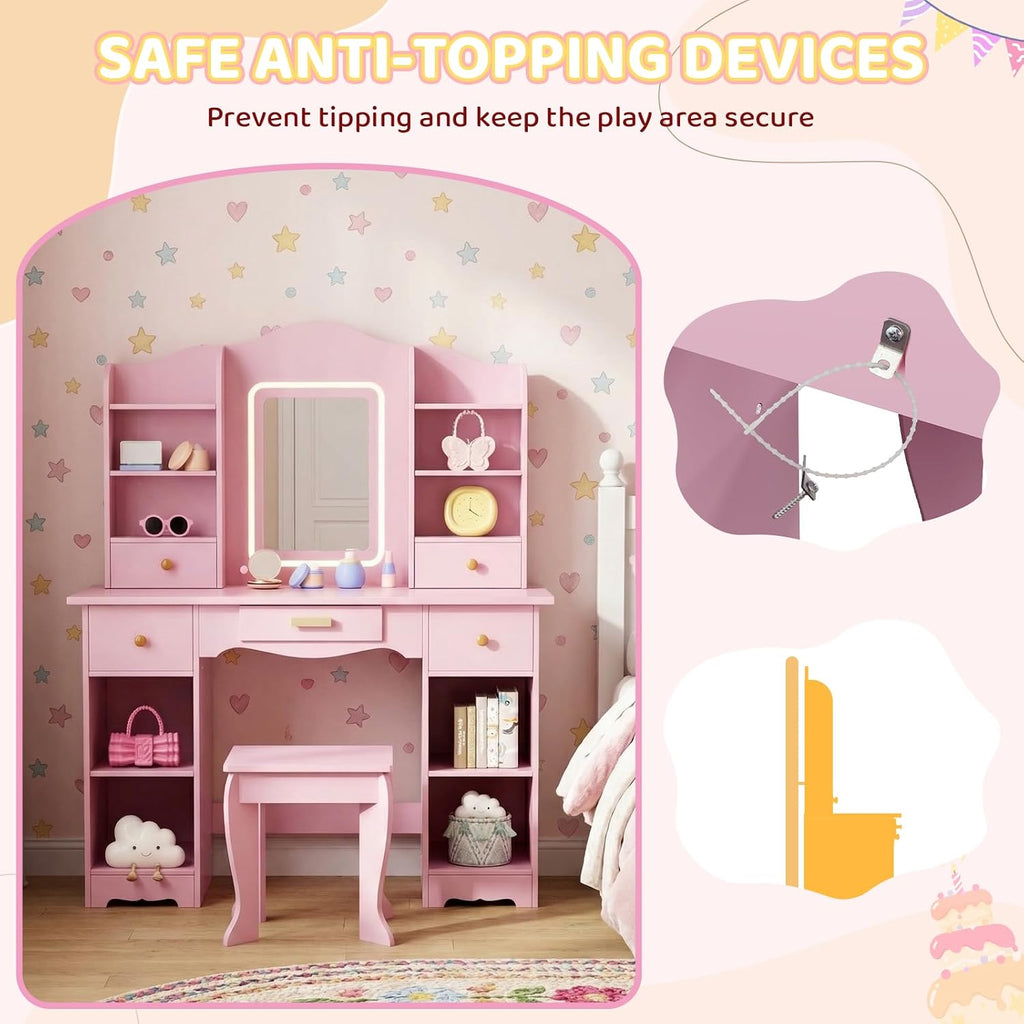 Arlopu Kids Vanity with 3-Color Lights, Girls Vanity Set w/Large Storage, Mirror ＆ Stool, 2 in 1 Princess Wooden Pretend Play Makeup Desk, Dressing Table and Chair, Open Shelves, Drawer (Pink)