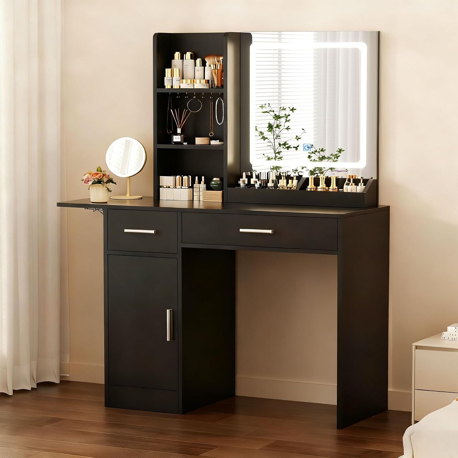 ERLEJIA Vanity Desk with Mirror and Lights, 39.37' 4 Drawers Makeup Desk Without Stool, Extra Foldable Desk with 3 Open Shelves Make Up Table for Girls and Ladies Bedroom, Black