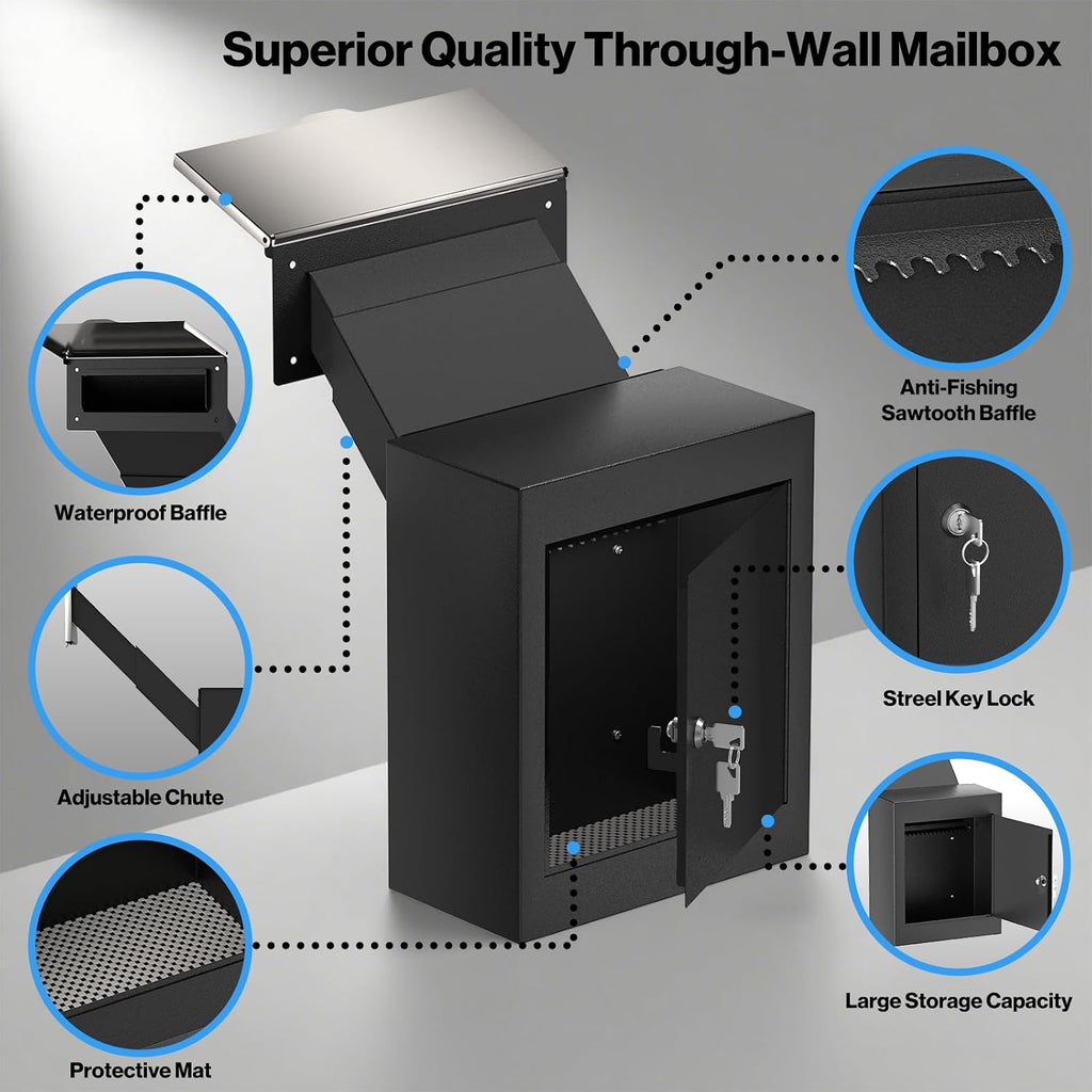 Through-The-Wall Drop Box with Rainproof Cover | Heavy Duty Through Wall Mailbox with 10-Inch Adjustable Chute | Rainproof Locking Drop Safe for Mail, Rent, Checks, Cash, and Keys