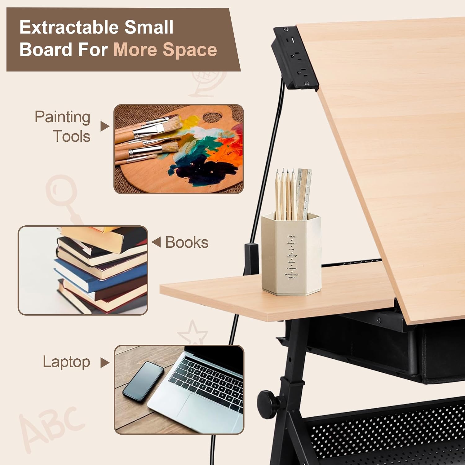 ZENY Adjustable Drafting Table with Stool, Tilting Drawing Desk Artist Table with Storage Drawers, Art Craft Workstation for Home Office Reading, Writing, Crafting (Brown-with Outlet)